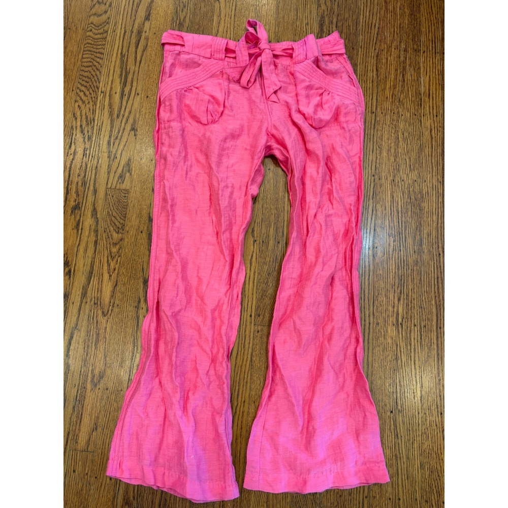 Bebe Y2K Pink Linen Flare Pants Medium Belted Cargo Bell Bottoms